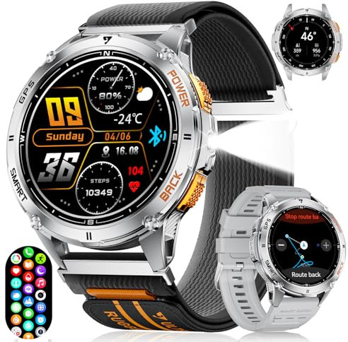 ESFOE Orologio Smartwatch Uomo GPS con 5ATM Impermeabile Smart Watch Militare Nuoto, Bussola/Barometro Pressione/Altimetro, 1,43'' HD AMOLED Fitness Watch con Frequenza Cardiaca/SpO2 per Android iOS