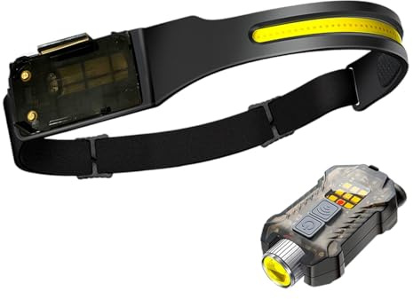 Lampade da testa a LED ricaricabili – 230 gradi fascio largo lampada LED con sensore di movimento | Fari da campeggio con torcia laterale, torcia frontale impermeabile per esterni