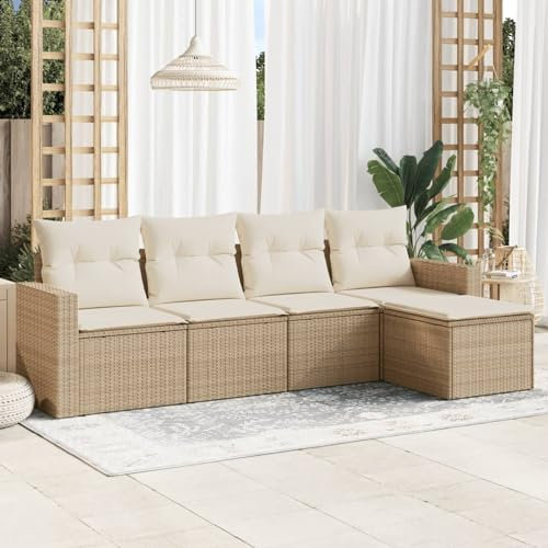 IKAYAA 5-TLG Rattan Gartenmöbel Set mit Stauraum Gartenlounge Balkon Lounge Gartenmöbel Klein Rattan Sofa Balkon Ecklounge Gartensofa Ecksofa Loungemöbel Terrasse-Beige und Creme Type-21