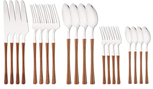 Ensemble de couverts, ensemble de vaisselle, ensemble de couverts 20 pièces en acier inoxydable, couteau, fourchette, cuillère à café, vaisselle de table, manche en imitation bois, couverts de cuisine
