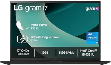 LG Gram 17Z90RU-G.AP55F - PC Portable 17 1350g | écran DCI-P3 99% QHD+ Format | Intel® Evo™ i5-1334 | RAM 16Go | SSD 512Go NVMe | Intel Iris XE Graphics | Win 11 Home Plus | Noir Obisidien