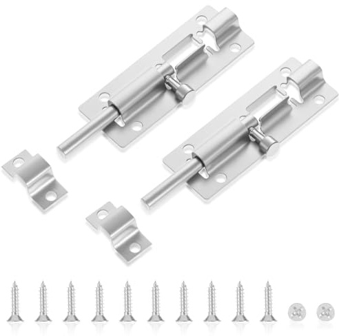 TIESOME 2 Sätze Türriegel Edelstahl,Silber Schieberiegel Riegel Tür, 7,3 × 2,7 cm Schiebeverschluss Riegelverschluss Mit 12 Schrauben Multidirektionales Türriegelschloss Für Schränke Fenster Tore