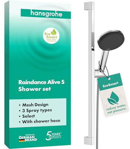hansgrohe Raindance Alive Select S - Duschset mit Duschkopf wassersparend (EcoSmart, 3 Strahlarten inkl. PowderRain), Duschschlauch (1,60 m) und Duschstange (0,65 m), Chrom, 24600000