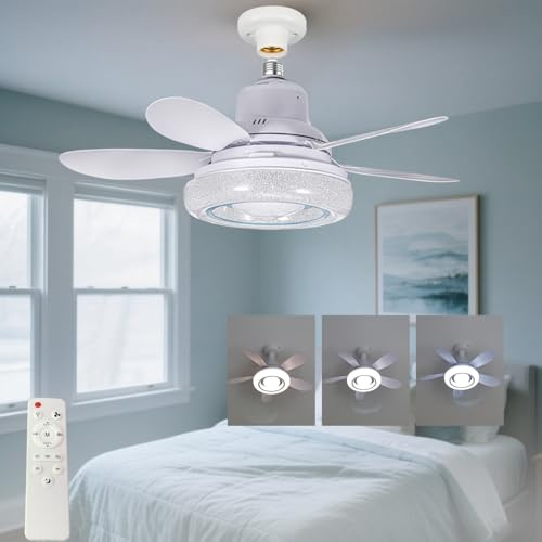 55CM LED Ceiling Fans with Lights and Remote,E27 Screw in, 3 Fan Speeds, 3 Colours Stepless Dimming, Timer, Quiet Light Bulb Fan for Bedroom, Kitchen, Living Room