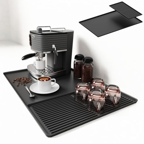 Silicone Coffee Mat, Espresso Bar Mat with Dish Drying Mat, Non-Slip, Heat Resistant Mats for Countertop Protector for Coffee Maker, Toaster, Microwave, Oven & More (Black, 24x16)