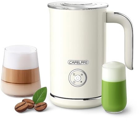 Espumador de leche eléctrico, 500W, 250ml, 4 en1, milk frother, batidor te matcha, latte art, chocolate caliente y más, regalo ideal, blanco, beige. Facil de limpiar.