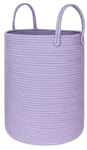MEGASKET Purple Woven Laundry Basket, 15x18 Large Cotton Rope Storage Basket for Blankets Pillows Toys, Decorative Baby Nursery Clothes Hamper for Living Room Bedroom, Kids Tall Luandry Hamper