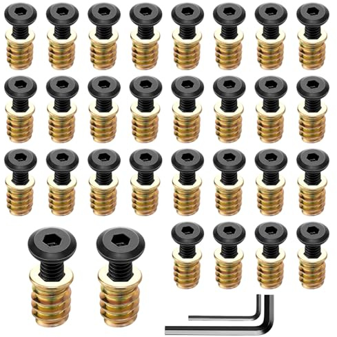 Wavanta 30 Sets M6 x 20mm Threaded Inserts for Wood Furniture Screws, Nut Threaded Wood Inserts Bolt Fastener Connector Hex Socket Drive M6 x 15mm Screw-in Nuts with Hex Spanner