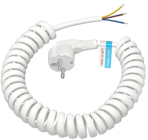 Schutzkontakt Verlängerungs Kabel - 10M, Anschluss Spiralkabel Kunststoffleitung Verlängerungsleitung, IP20 Innenbereich mit Schuko Stecker, Schuko-Stromkabel 230 V / 16 A, White