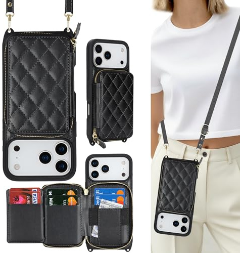 ELTEKER Mobile Phone Case for iPhone 12/12 Pro, Case with Strap, Adjustable Shoulder Strap, Zip Wallet with Card Slot, Ring Holder, Black