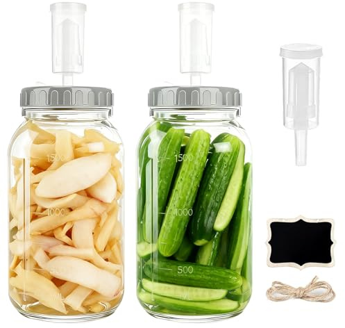 YuLiMirich 2 stycken fermenteringsglas 2 liter, Kimchi-behållare med luftlås, fermentering startset med lock, perfekt för jäsning för kimchi, surdegstarter, surkål, surdegstartare