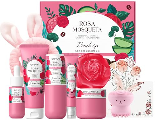 QUIYUM Set de Cuidado Facial Rosa Mosqueta 8 Piezas, Kit Skincare Hidratante e Iluminador, Rutina Facial Completa, Regalo para Mujeres y Adolescentes