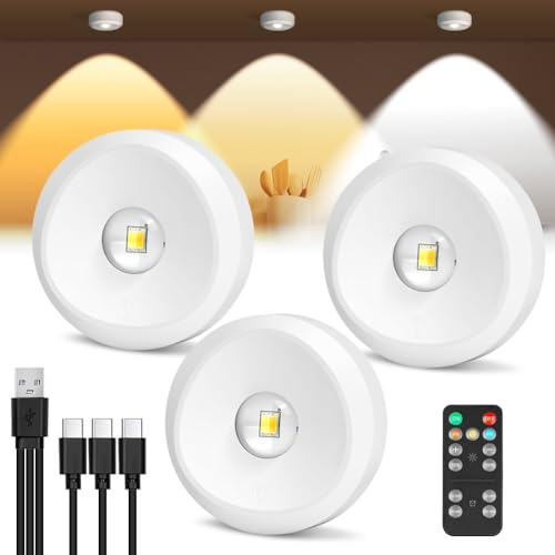 vsshe LED Schrankbeleuchtung, 3 Stück LED Spot Akku USB Aufladbar, Vitrinenbeleuchtung Kabellos mit Touch&Fernbedienung, Magnet Dimmbar Unterbauleuchte, 3 Farbtemperaturen Timer Indirekte Beleuchtung
