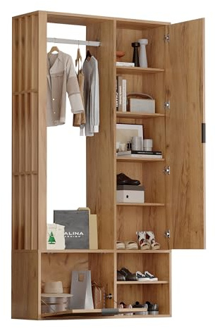 Juego de perchero para pasillo con espejo, perchero compacto 6 en 1 con barra para colgar ropa y puerta plegable, armario de entrada con 9 compartimentos de almacenamiento, madera natural, aglomerado