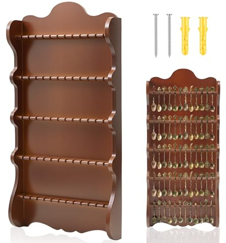 Weysat Souvenir Spoon Racks for 60 Collectible Spoons, Wall Mount, 5 Tier | Decorative Wooden Display, 0.6 Inch Slots, Wall Organizer Cabinet, Souvenir Tea Holder, Brown