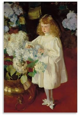 John Singer Sargent - Girl Portrait with Vase of White Hydrangeas Flowers Classic Works Posters Wall Art Scroll Canvas Painting Picture Living Room Decor Home 08x12inch(20x30cm)