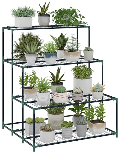 Outsunny Scaffale Porta Piante a 4 Livelli in Acciaio, Portavasi con 24 Clip per Interni Esterni Giardino, Balcone e Patio, 94x84x110 cm, Verde Scuro