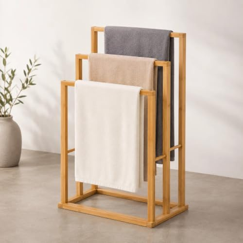 Bamboo Freestanding Towel Rail Stand, 3-Tier Wooden Towel Rack for Bathroom, Space Saving Towel Holder for Bath & Hand Towels, Natural Finish