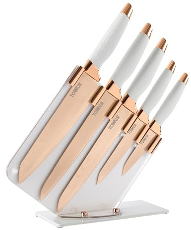 Tower Damascus Effect 5 Piece Kitchen Knife Set with Stainless Steel Blades and Acrylic Stand, Rose Gold and White, T81532RW