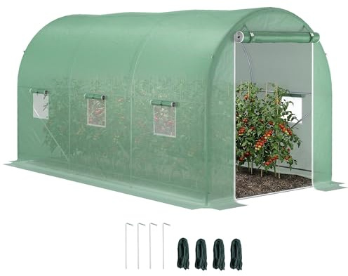 Outsunny Serre de Jardin Tunnel Surface Sol 8 m² 4L x 2l x 2,05H m châssis Tubulaire renforcé Porte zippée 6 fenêtres enroulables Cadre en métal Vert