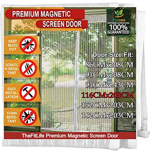 TheFitLife Magnetic Fly Screens for Doors - Heavy Duty Mesh Curtain with Full Frame Hook and Loop Powerful Magnets That Snap Shut Automatically
