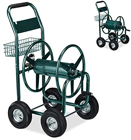Relaxdays Carrello Avvolgitubo da Giardino, Carrellino Mobile per Acqua in Metallo, 4 Rotelle, Tubi Lunghi 90 m, Verde