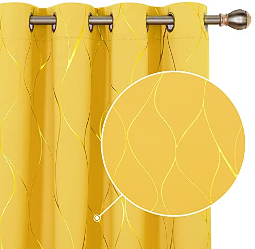 Deconovo Window Treatment Eyelet Room Darkening Curtains, Gold Wave Foil Printed Blackout Curtains for Livingroom, 46 x 90 Inch (Width x Length), Mellow Yellow, One Pair