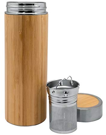 NERTHUS Tea FIH 800 tè 360 ml Acciaio Doppia Parete Bottiglia infusore, Thermos Tazza da Viaggio, teiera in Vetro, 0,36 Litri, Metallo, Bambu