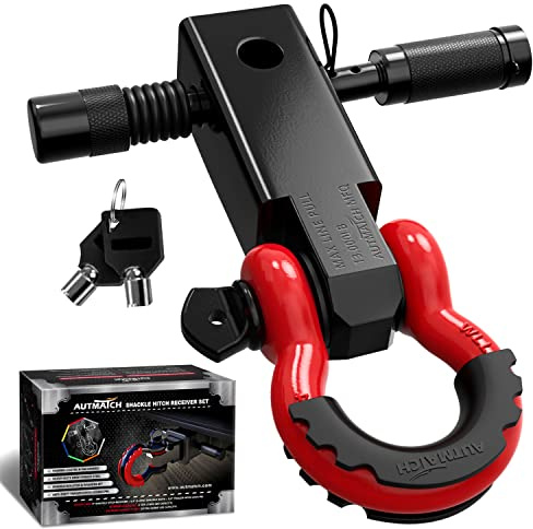 AUTMATCH Schäkel-Anhängerkupplungs-Empfänger 5,1 cm mit 1,9 cm D-Ring-Schäkel und 1,6 cm Anhängerkupplungsschloss, 15,9 kg Bruchfestigkeit, robustes Empfänger-Set für Fahrzeugabholung, schwarz und rot