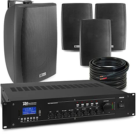 Power Dynamics BF80TB Wall Mount Audio System - Commercial Music PA Kit with 4 Black 8-Inch Speakers, Bluetooth Mixer Amplifier, Multi-Room Installation Speaker Bundle System
