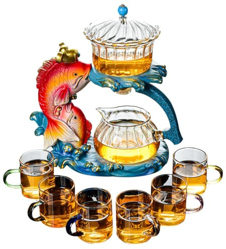 MOZEO Creative Fish Semi-automatic Tea Set with 6pcs Glass Lazy Kung Fu Teacups set Heat-resistant Tea Maker Pot Teapot (Fish Set)