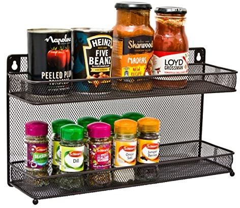 Amtido Spice Rack | 2 Tier Free Standing & Wall Mounted Seasoning Storage Organiser Racks | Inside Kitchen Cupboard Door Storage for Herbs and Spices Jars | Metal Mesh Bronze - 2 PACK