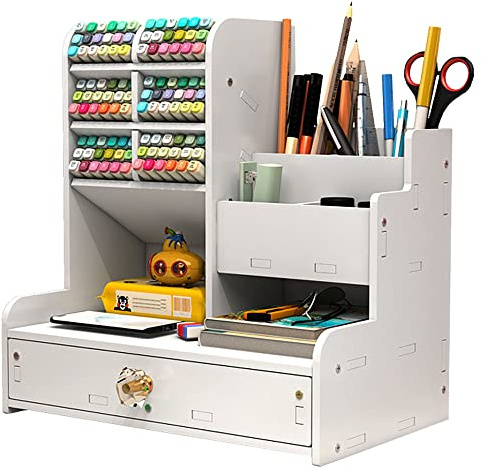 Hggzeg White Desk Organiser with Drawer Multifunctional Pen Holder Desk Tidy Caddy Office Stationery Desktop Organiser for Home, Office and School (PB17-White)