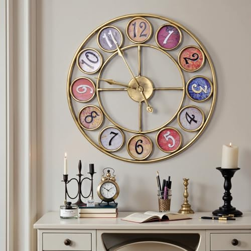 Yumyolk Große Vintage Wanduhr Retro XXL Antike Metall Uhr Edelstahl Groß Shabby Chic römische Ziffern Gross für Wohnzimmer Wand Ø 58cm (Metall Bunt)