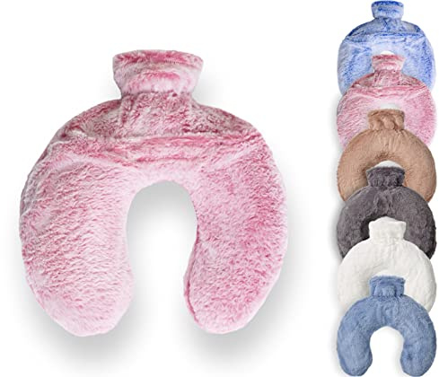 Luxury Hot Water Bottle with Faux Fur Cover, Soft Fluffy Neck U Shape Cosy Fleece, 1.8L Capacity (Soft Pink)
