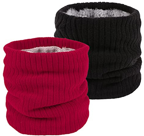 lifwimner 2 Pack Winter Neck Warmer Fleece Infinity Snood Scarf for Mens Women Thermal Knitted Neck Gaiter for Cycling Motorcycle Ski Sports (Red+Black)