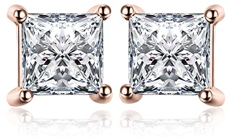 JewelryPalace Pendientes Mujer Plata Circonita Corte Princesa, Solitario Pendientes de Tuerca Oro Rosa Piedra, Pendientes Pequeños Mujer Diamante Simulado, Niña Clásico Conjunto Joyas Novia