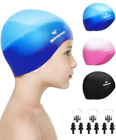 3 Pack Kids Swim Cap for Boys Girls, Unisex Silicone Swimming Caps for 3-15 Toddler Children Teen, Waterproof Bathing Caps for Short/Long Hair to Keep Hair Dry-1