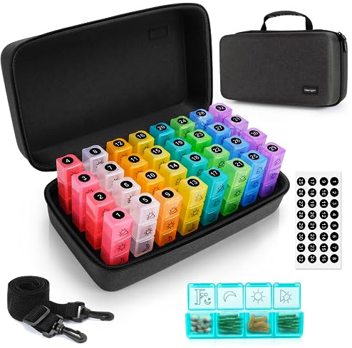 Monatliche Pillenbox Organizer 4 mal am Tag, Pillenbox mit Hartschalenkoffer, Tägliche Pillenbox Organizer 30 Tage, Reisepillenbox mit 32 täglichen Fächern
