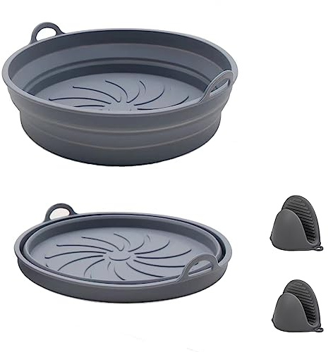 2Pcs Silikonform für Heißluftfritteuse Airfryer Silikon Faltbar mit 2 Ofenhandschuhen Wiederverwendbares Heißluftfritteuse Backform Zubehör Silikoneinsatz für Heißluftfritteuse
