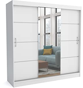 Brent - Kleiderschrank mit Spiegel 200cm Breit Windsor Tomy I Schlafzimmerschrank mit Stangen und Einlegeböden für Kleidung I Kleiderschrank Weiß