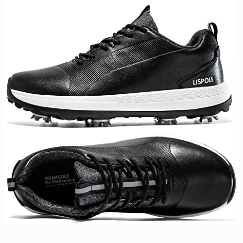 TECDOTO Professionelle Golfturnschuhe, wasserdichte Golfschuhe für Herren Spike Golf Sportschuhe Außensohle aus Gummi, Black-44EU