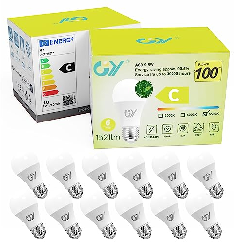 GY E27 LED Kaltweiss Lampe 9.5W 6500K 1521 Lumen Kaltweiß Leuchtmittel,A60 Energiesparlampe 100W lampe ersetzt,Nicht Dimmbar LED Birnen,12 stück [Energieeffizienzklasse C]
