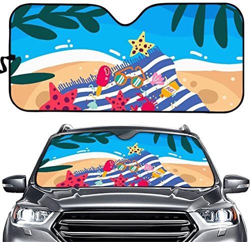 Hixingo Auto Frontscheibe, Funny 3D Strand Hülse Motiv Sonnenschutz für Windschutzscheibe, Frontscheibenabdeckung, Faltbares Design Auto Sonnenschutz, UV-Schutz, für meisten Autos (F)