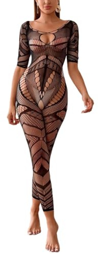Walang Lip Women Sexy Crotchless Underwear Hollow Lingerie Bodysuit Babydoll Mesh Teddy Sleepwear Tights Bodystocking (Black)