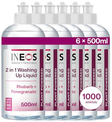 INEOS 2in1 Washing Up Liquid, Plant-Based, Rhubarb + Pomegranate 6 x 500ml