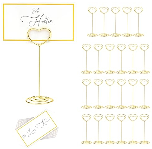 Winter Shore Herz-Tischkartenhalter Gold (24er-Pack) - Inklusive 24 Leere Tischkarten - Kartenhalter Tisch aus Metalldraht für Hochzeit, Party, Restaurant - 3,2 x 8,5 cm Halter, 8,4 x 4,8 cm Karten