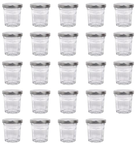 Argon Tableware Glass Jam Jars with Airtight Silver Lids - 30ml - Pack of 24 - Empty Screw Top Kitchen Storage Jar for Food, Honey, Spice, Pickling, Preserving, Candle Making