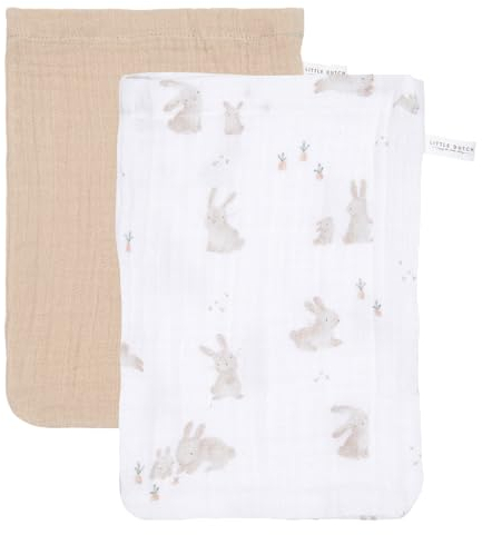 Little Dutch Waschlappen Waschhandschuh Musselin 2er Set für Baby und Kinder - Baby Bunny - Newborn Naturals beige/weiß