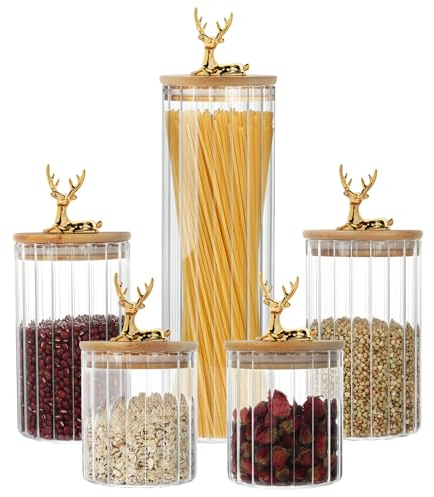 Glasbehälter mit deckel,Vorratsgläser mit Deckel 5er Set,Vorratsdosen Glas,Verschlossenes Vorratsgläser mit Holzdeckel,4.6L Grosse zur KüChe GlasbehäLter für Trockenwaren,Tee,Kaffee,Nüssen,Spaghetti